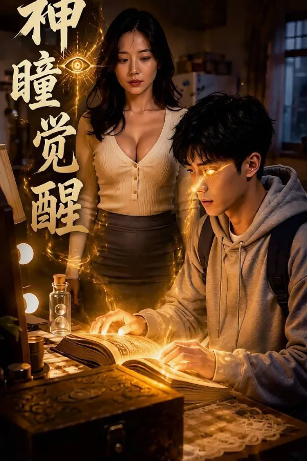 神瞳觉醒短剧海报，少年眼中泛起金色光芒注视着古书